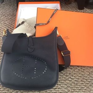 Hermes Evelyne 29 Clemence Blue Nuit Navy Blue leather Gold Hardware Bag